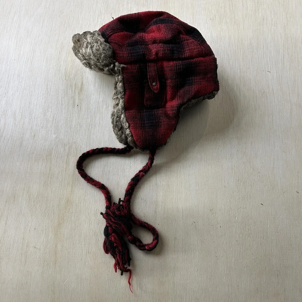 Y2K American Eagle Hat Trapper Mens L XL Red Plaid Faux Fur Ear Flap Winter